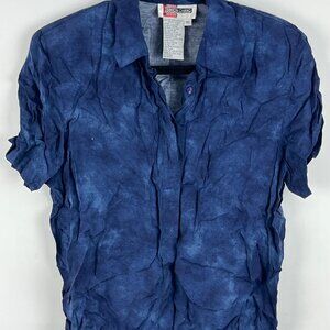 Simon Chang Top Blouse Size 10 Blue Short Sleeve Button Down Padded Shoulder